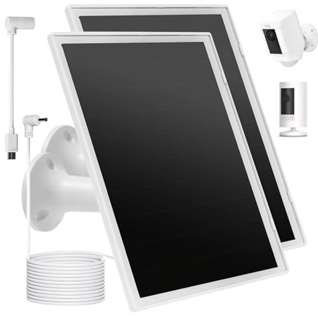 White solar panel charger kit with wall mount, cable coil, and camera mounting bracket