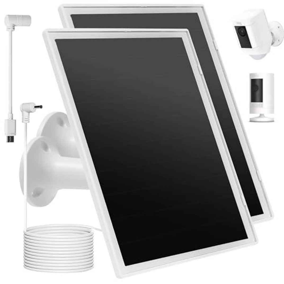 White solar panel charger kit with wall mount, cable coil, and camera mounting bracket