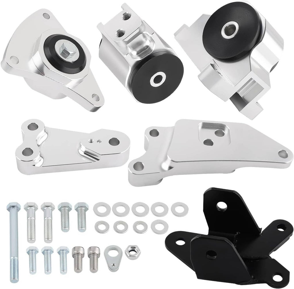 Motor mount kit with silver brackets, black rubber bushings, and mounting hardware pieces