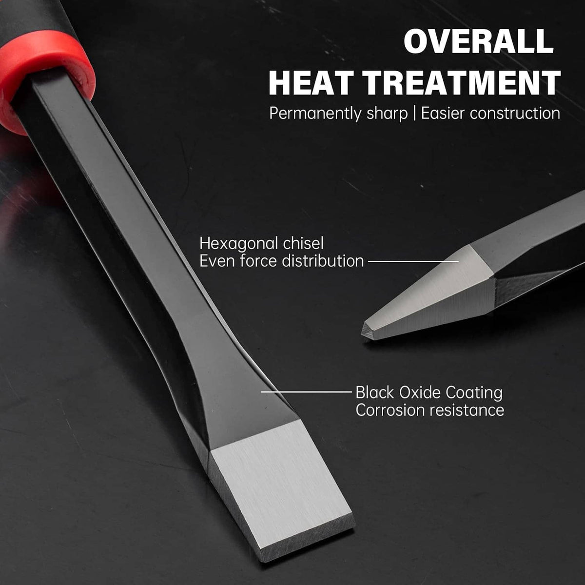 Masonry chisels with cutting ends, black oxide finish on metal blades