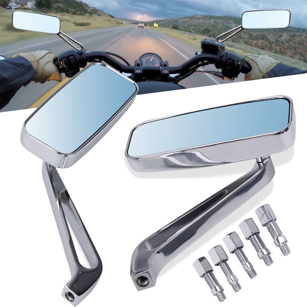Pair of rectangle chrome rear-view mirrors with blue tinted glass and included bolts
