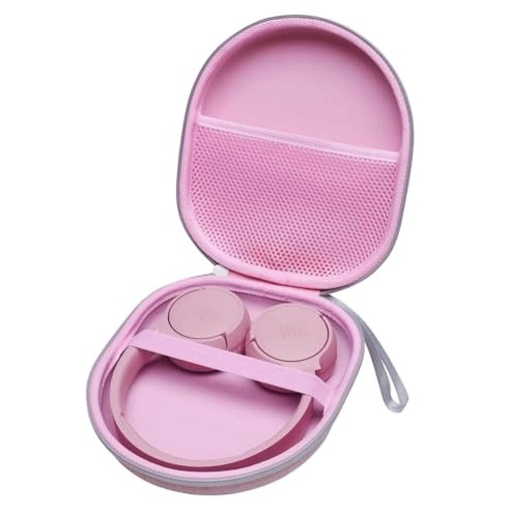 Pink hardshell headphone case open, showing mesh lid and molded earbud slots.