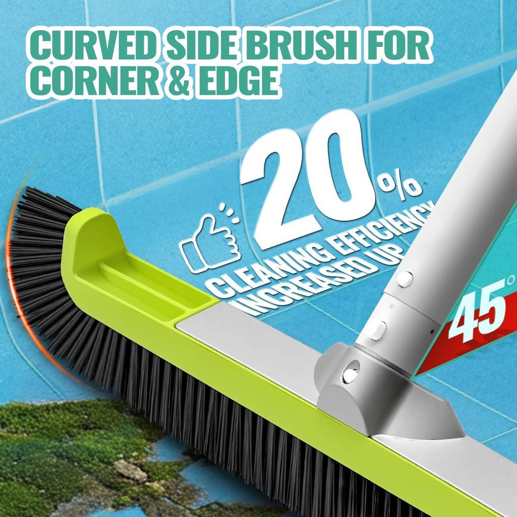 Curved side pool brush head for corner and edge cleaning, black bristles, green frame.
