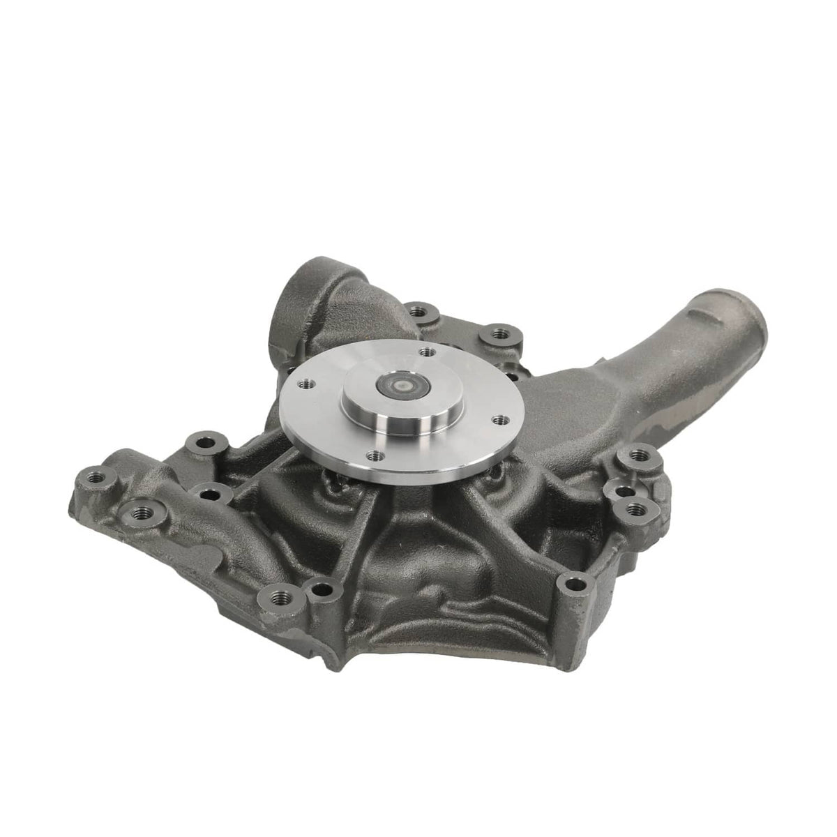 Engine water pump assembly with curved outlet pipe, dark gray casting and silver impeller