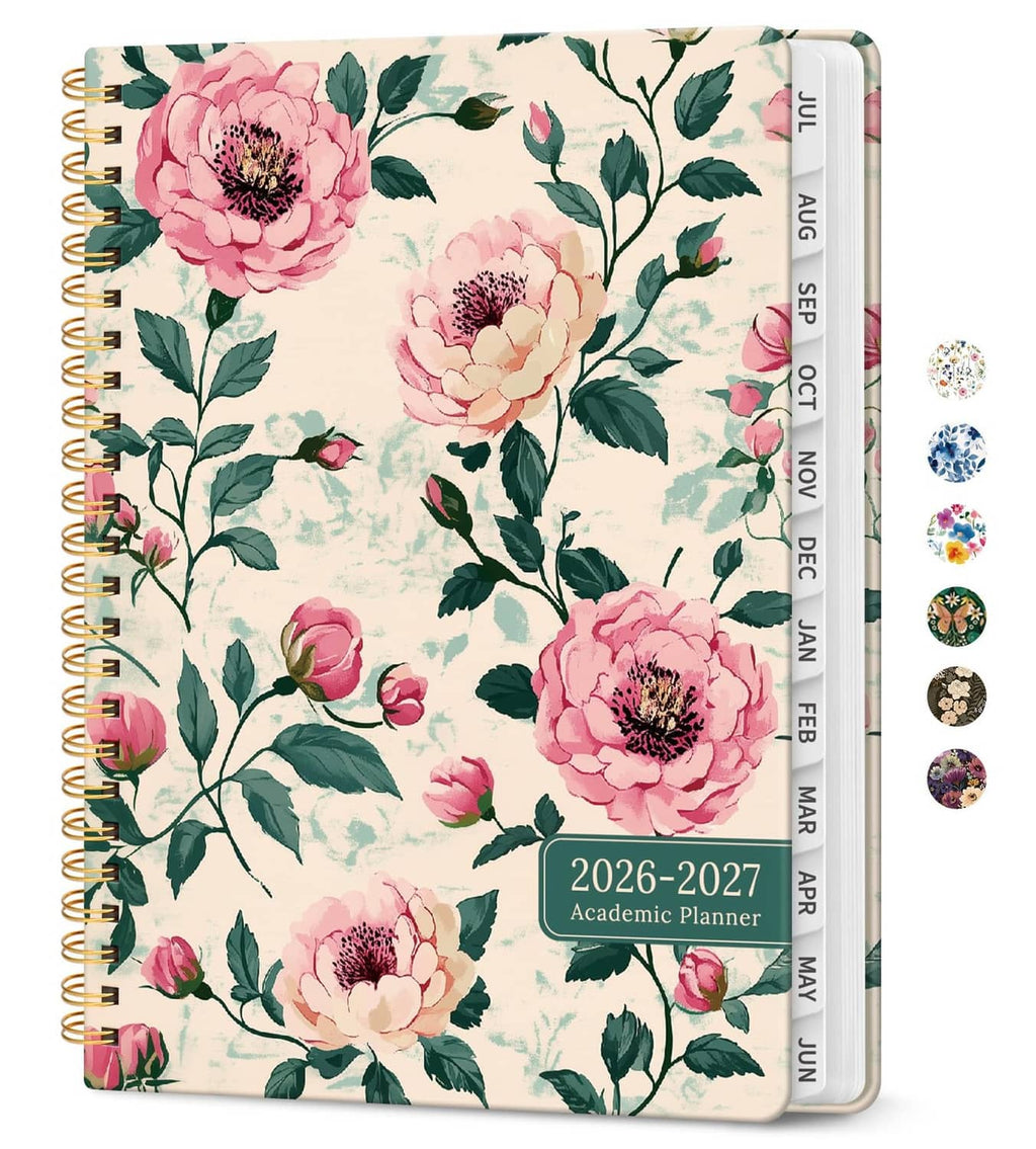Blush peony floral academic planner cover with spiral binding, pocket and elastic band