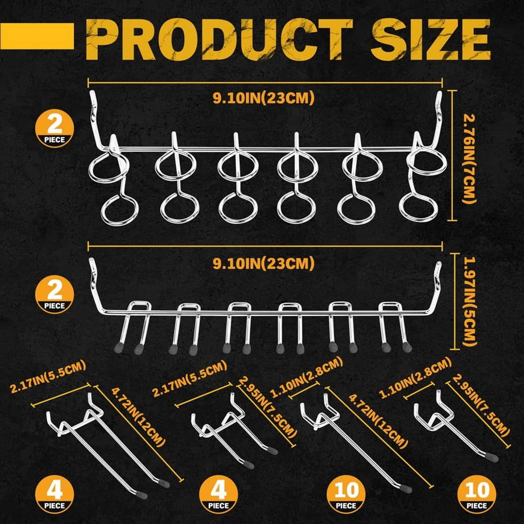 Pegboard hook layout size chart with row hooks and spacing measurements