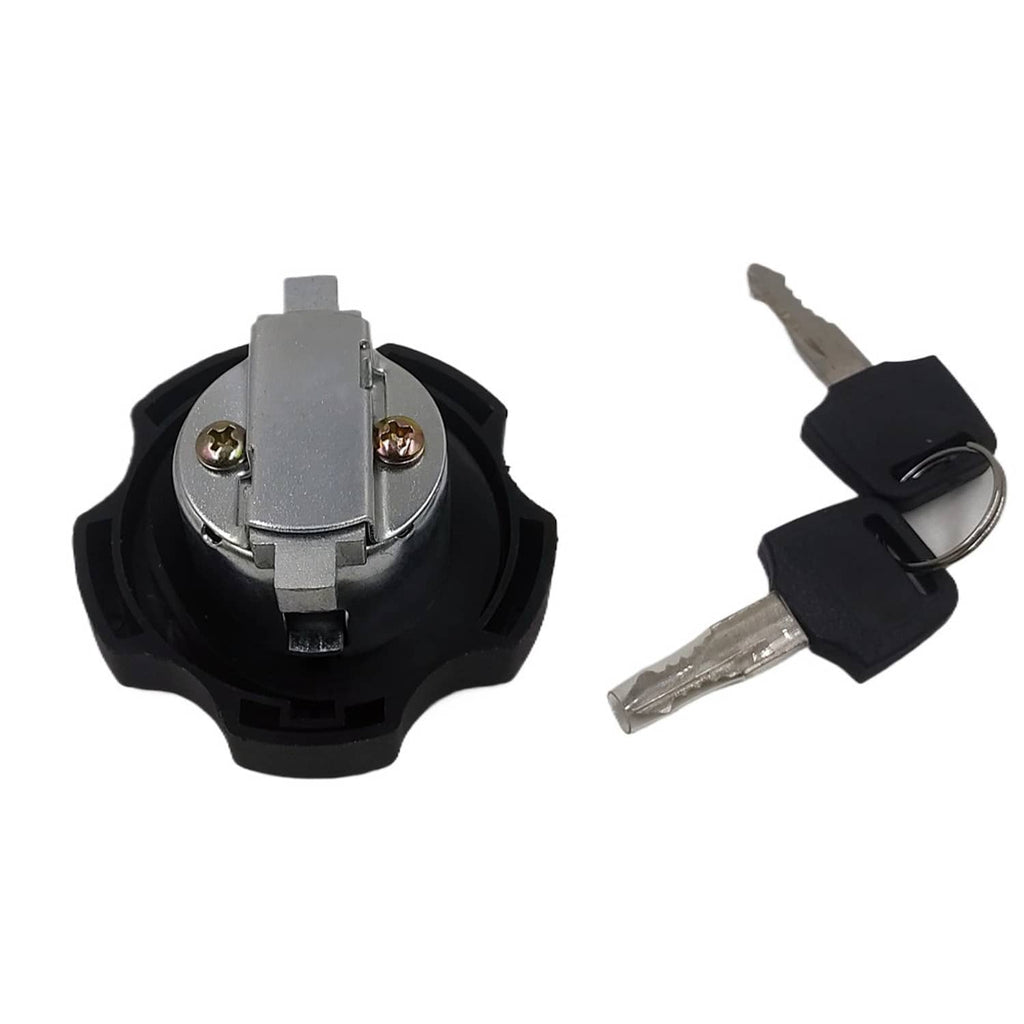 Fuel tank cap with visible metal lock mechanism and two metal keys with black fobs
