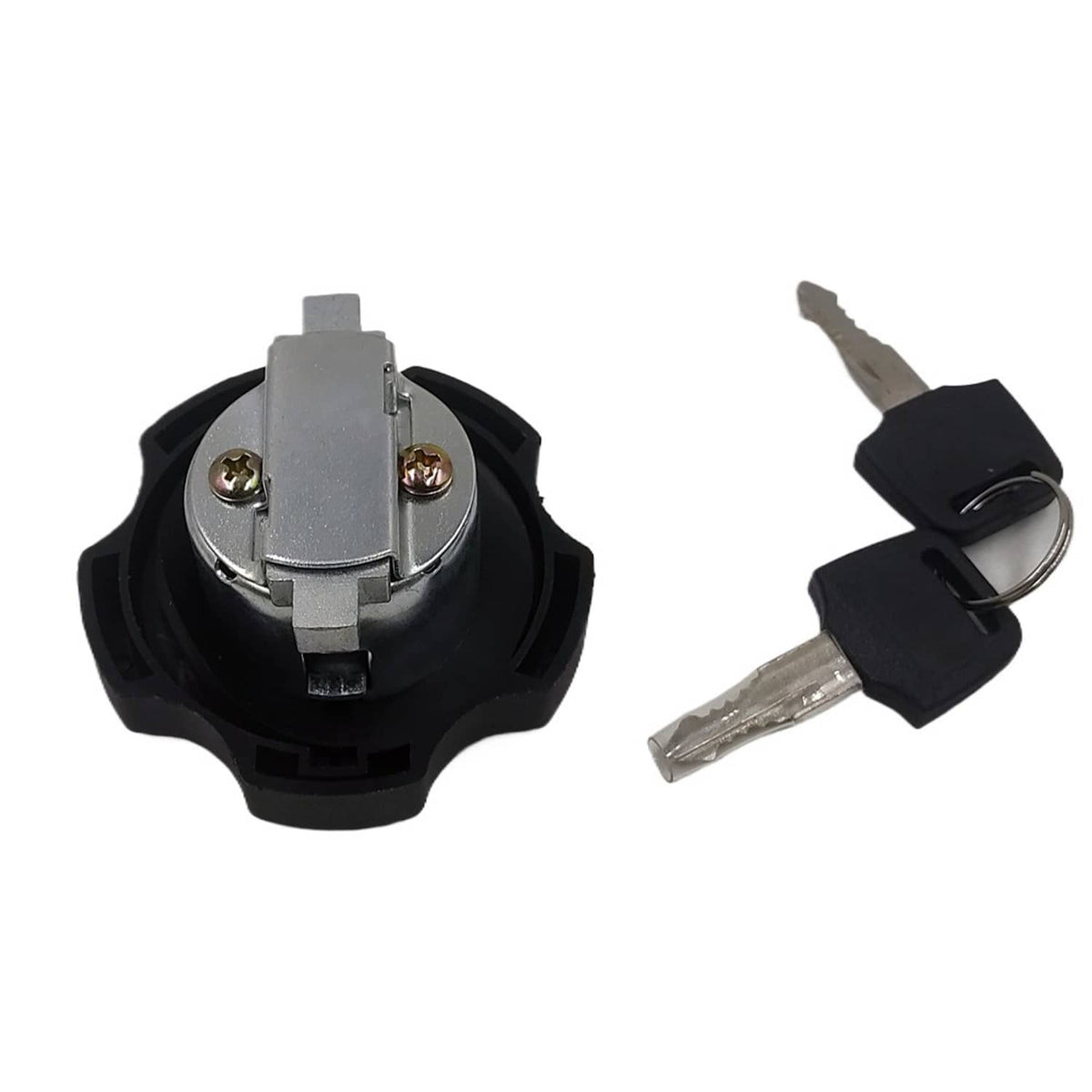 Fuel tank cap with visible metal lock mechanism and two metal keys with black fobs