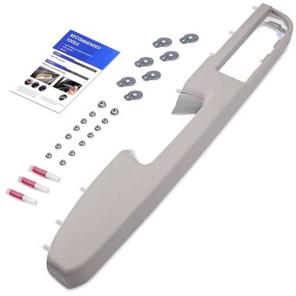 Gray armrest repair bracket kit with hardware washers, screws, and instruction sheet