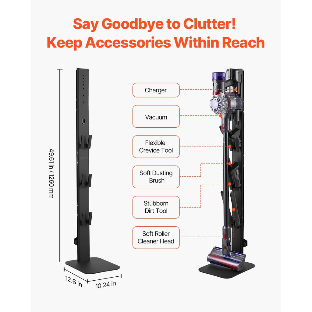 Black vacuum stand with side hooks and slots to hold vacuum accessories within reach