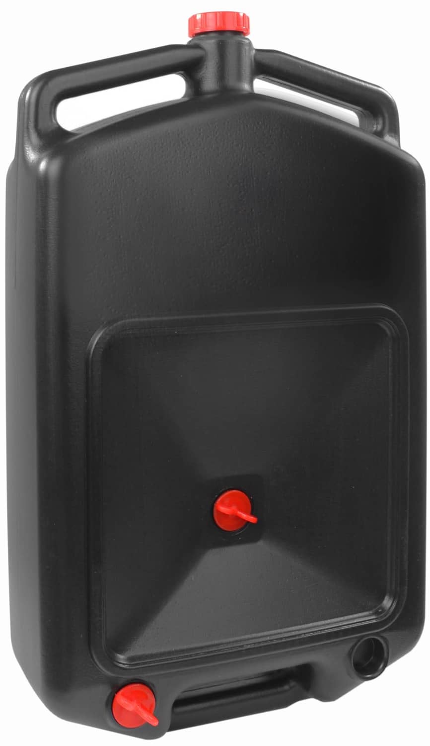 Black oil drain pan with two red drain spouts and a top carrying handle.