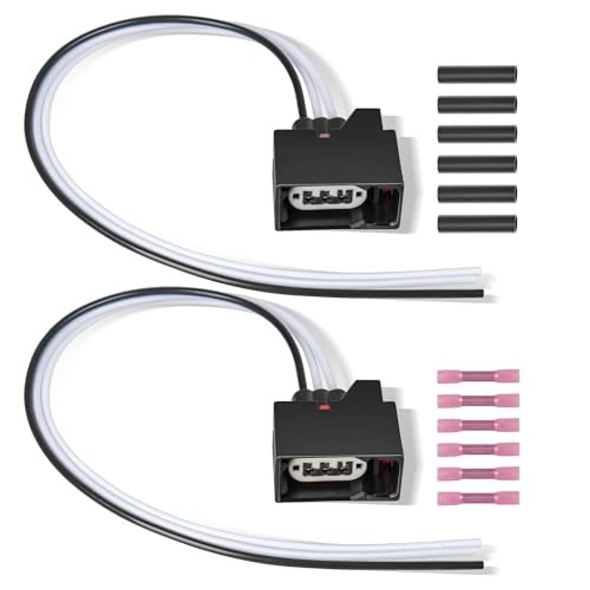 2-pack turn signal plug harness with black connectors, white wire leads, pink terminal pieces