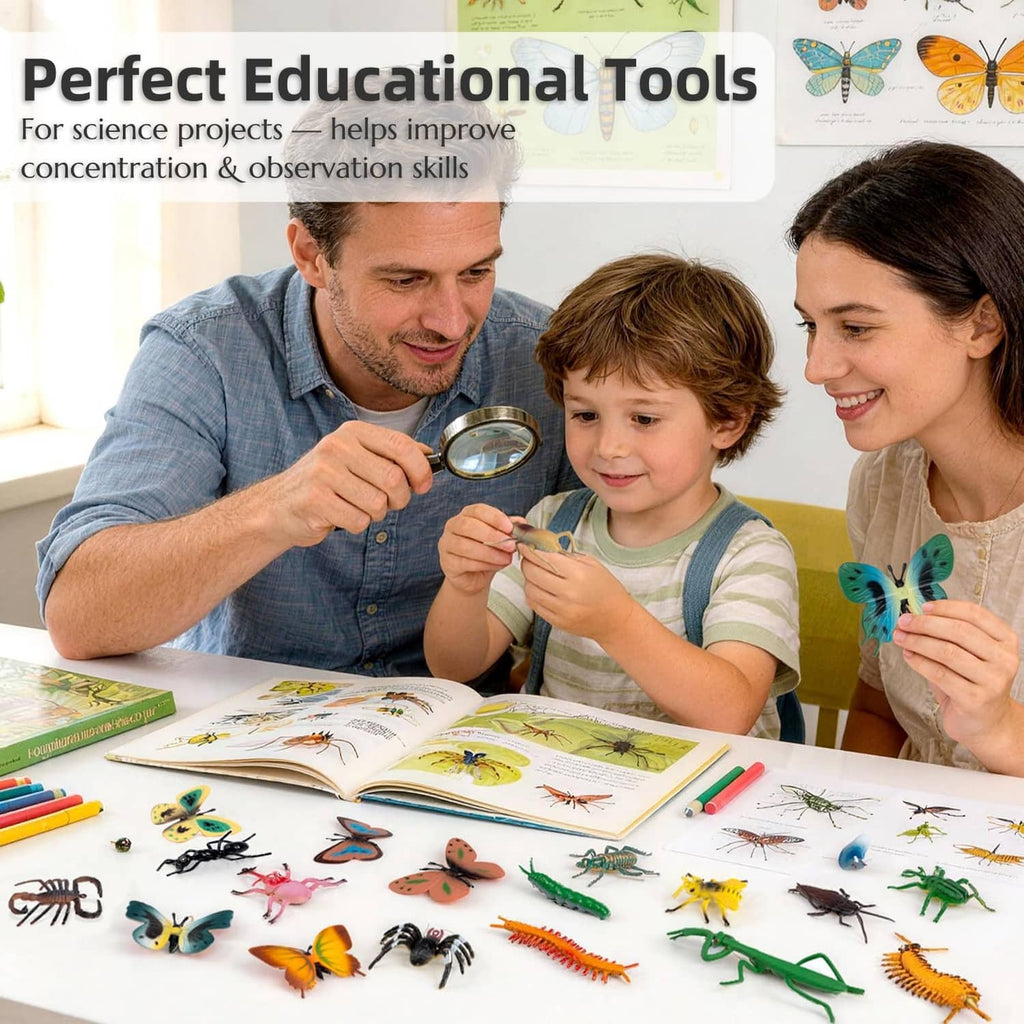 Plastic bug toy set on activity table with magnifying glass and children