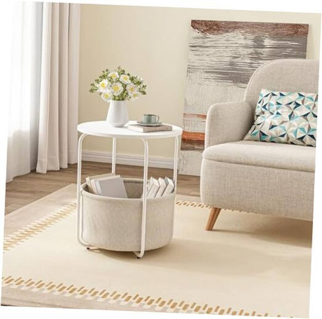 White round side table with fabric storage drum and open top, on small wheels