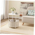 White round side table with fabric storage drum and open top, on small wheels