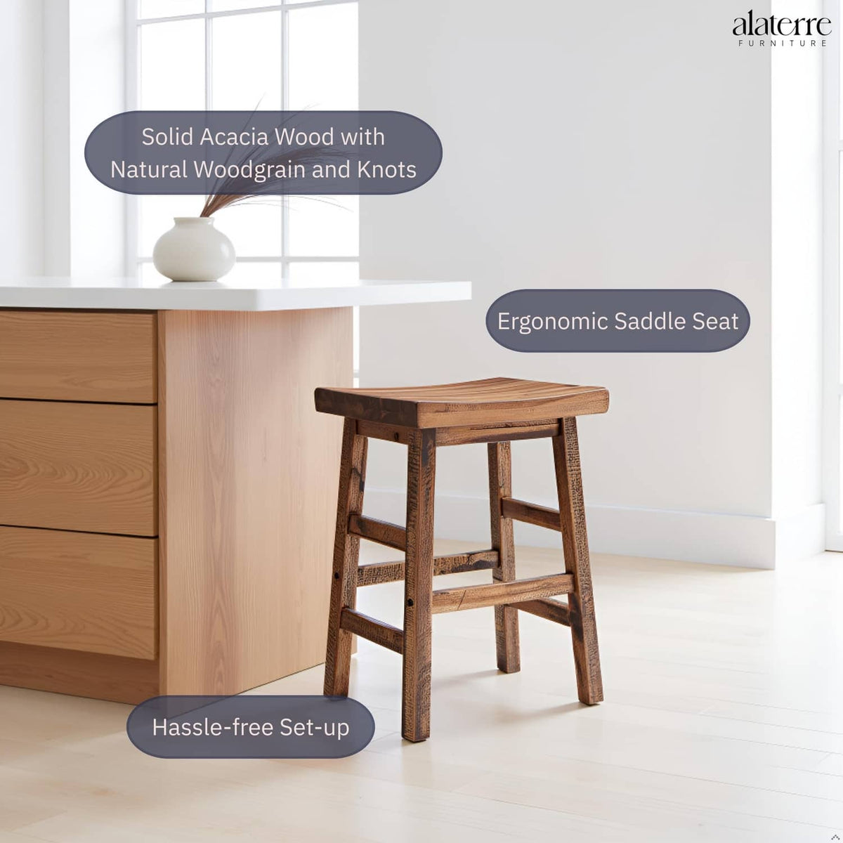 Natural acacia wood counter-height bar stool with saddle seat and lower shelf