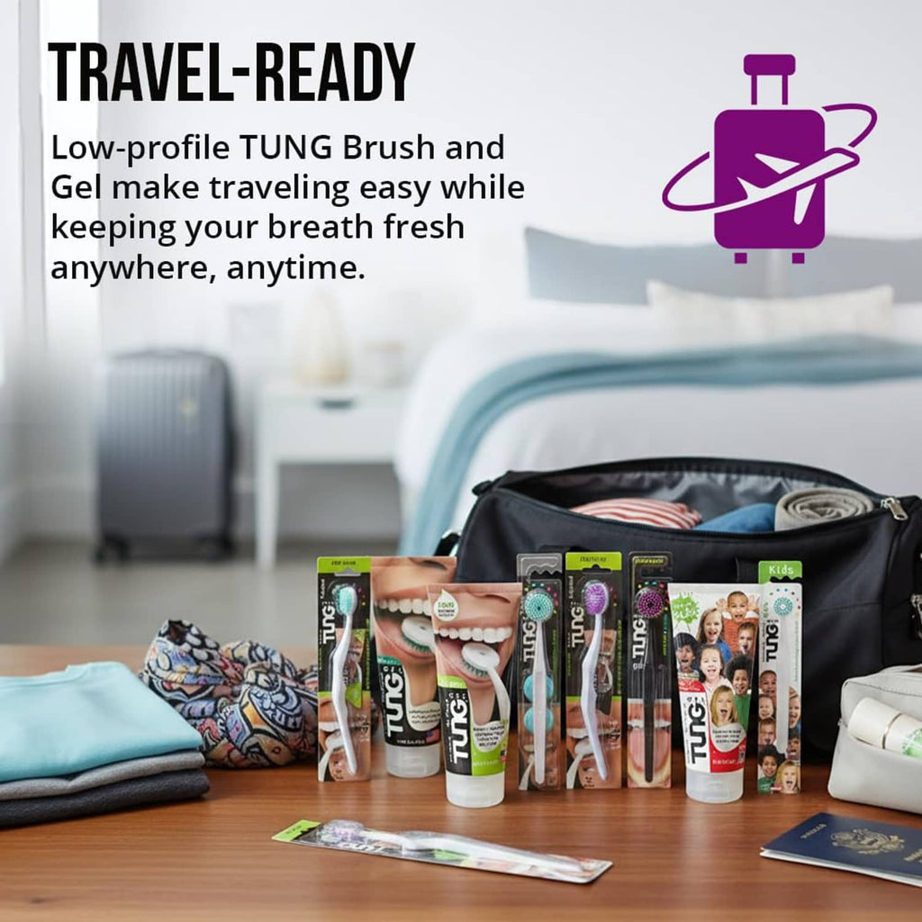 Tongue cleaning kit packed for travel with brush and gel tubes in a bag