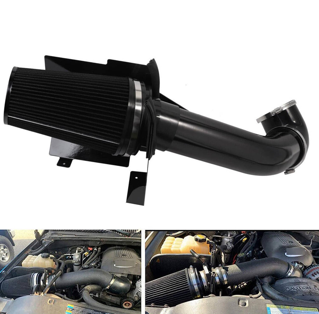 Black cold air intake kit with cone air filter and curved intake tube