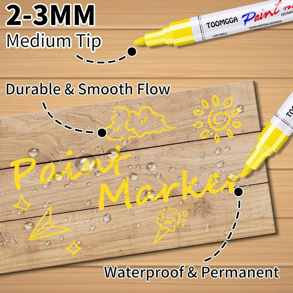 Yellow permanent paint marker with 2–3mm medium tip on wood with water droplets