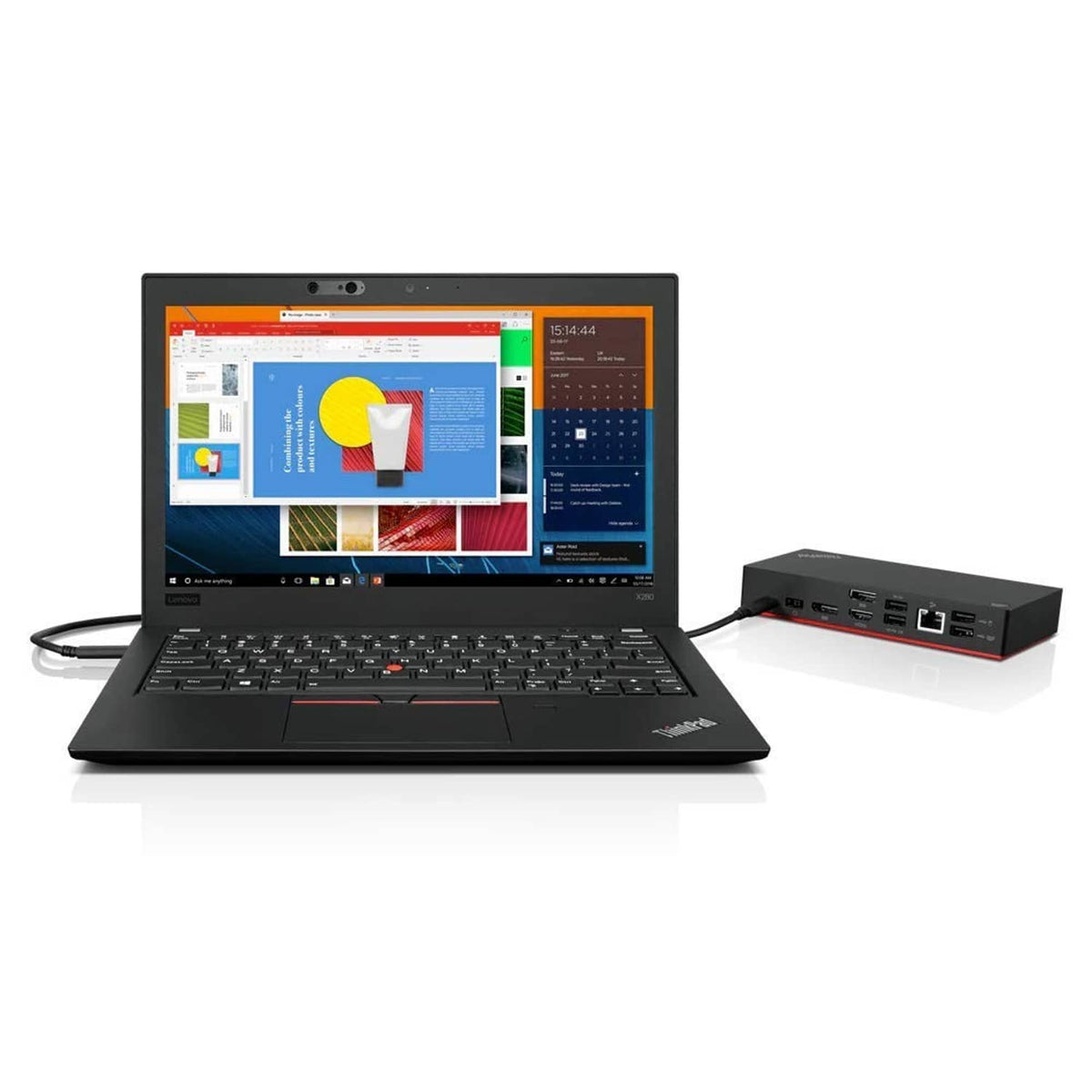 Laptop connected with black USB-C dock showing front ports