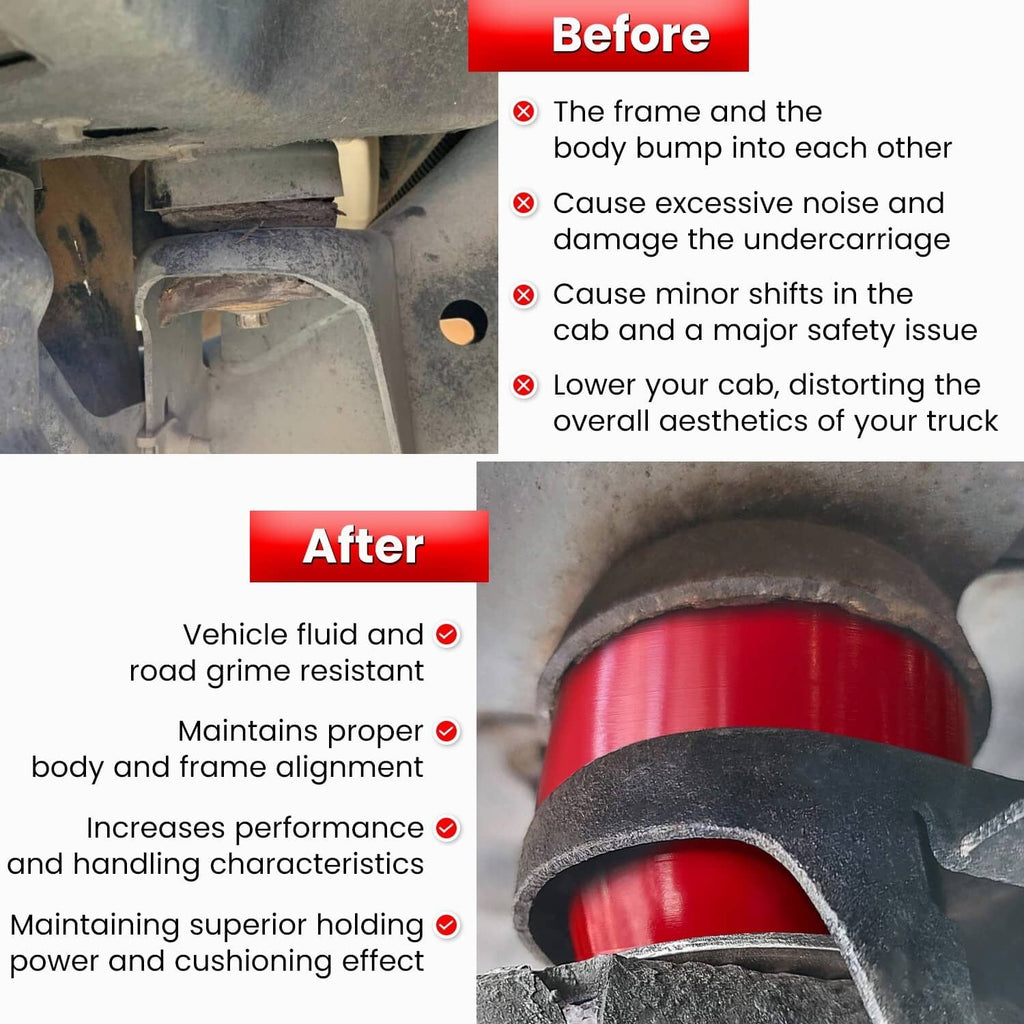 Red silicone body cab mount bushing installed in vehicle underbody mount area