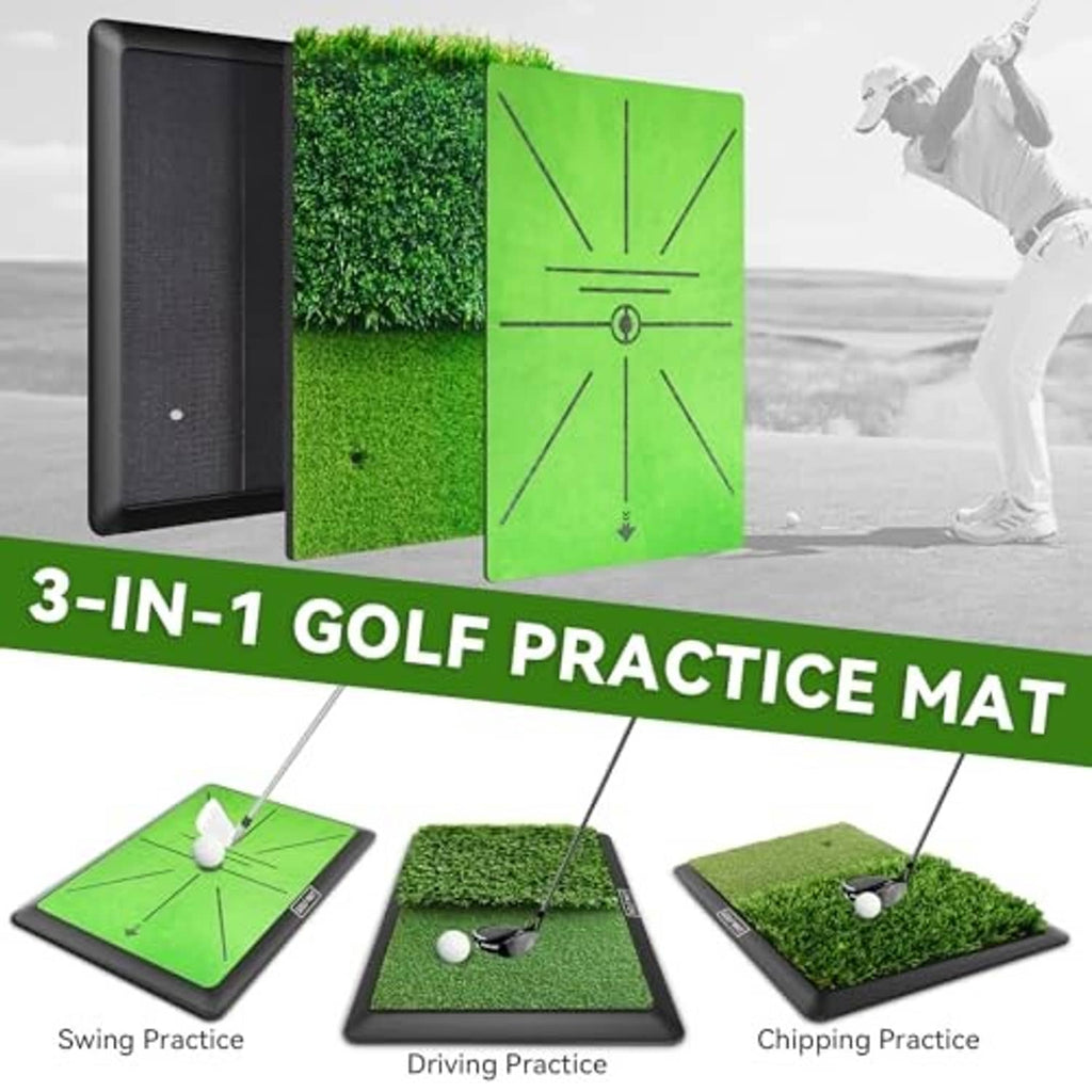 3-in-1 golf practice mat set with green target panel, black base, and colored practice tees