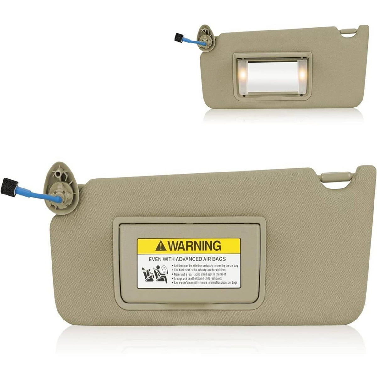 Beige left sun visor with light, vanity mirror, and warning label