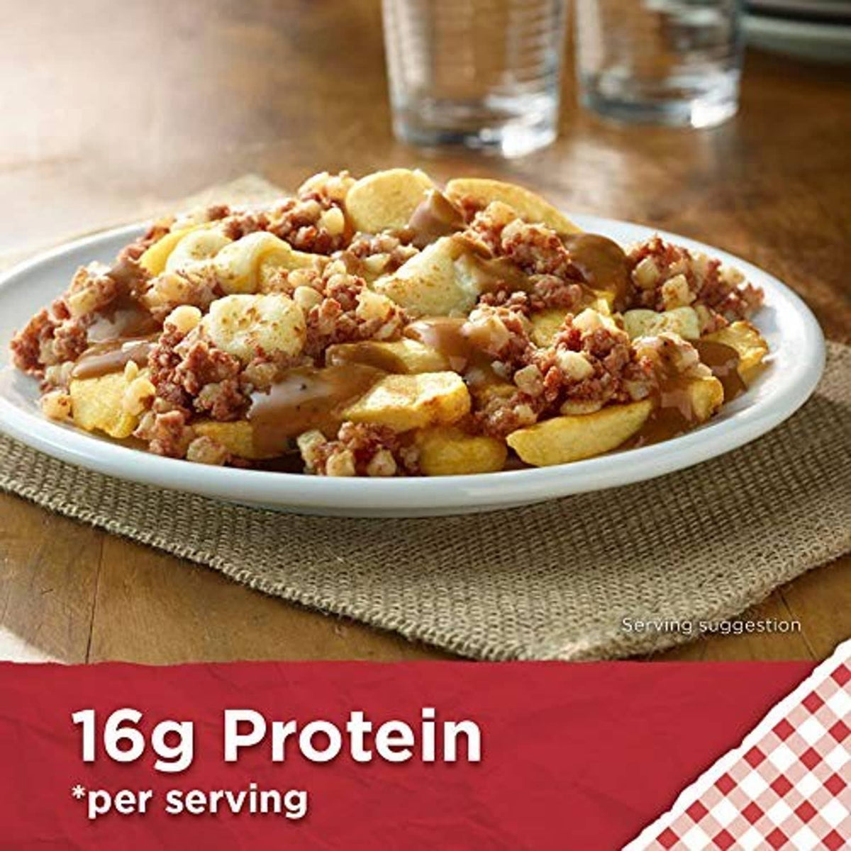 Roast beef hash with diced potatoes and browned beef on a white plate
