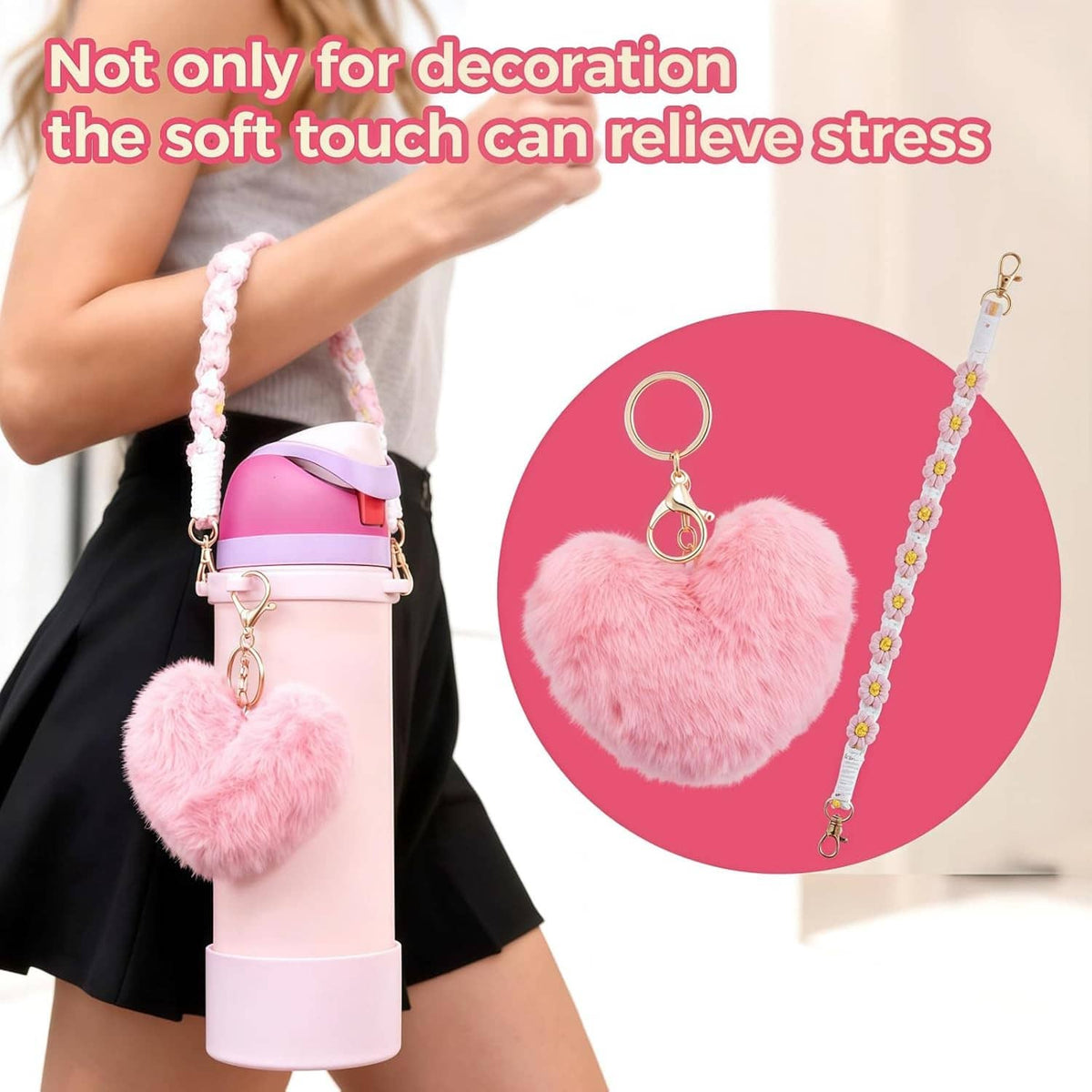 Owala Freesip bottle strap with beaded cord and pink plush heart charm for carrying