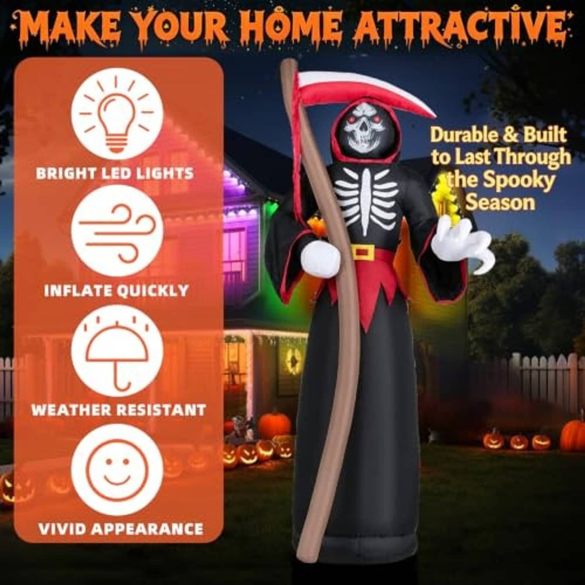 8ft inflatable grim reaper decoration with red hood, black robe, white skull face, gray staff