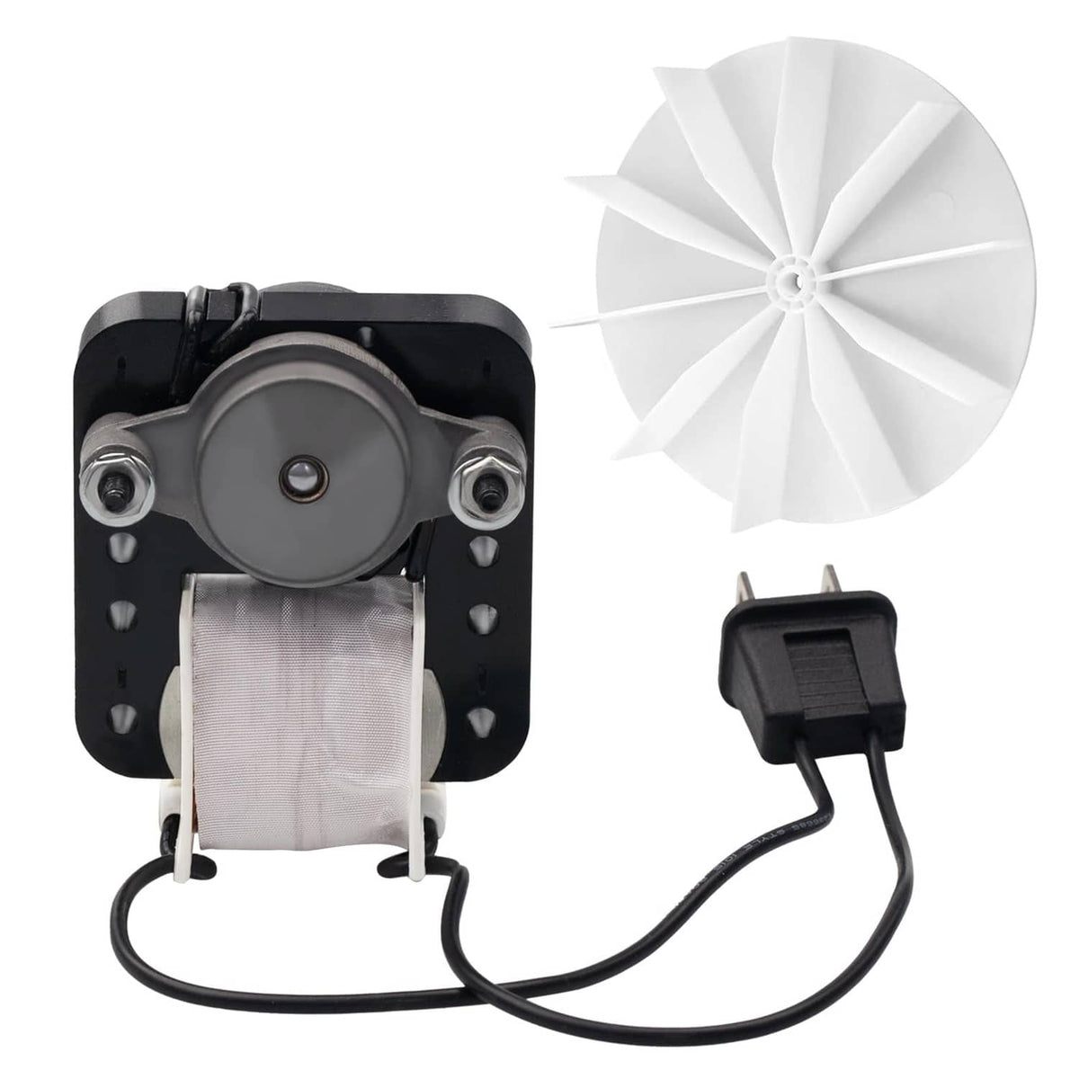 Vent exhaust fan motor kit with white fan wheel, motor base, and black power plug