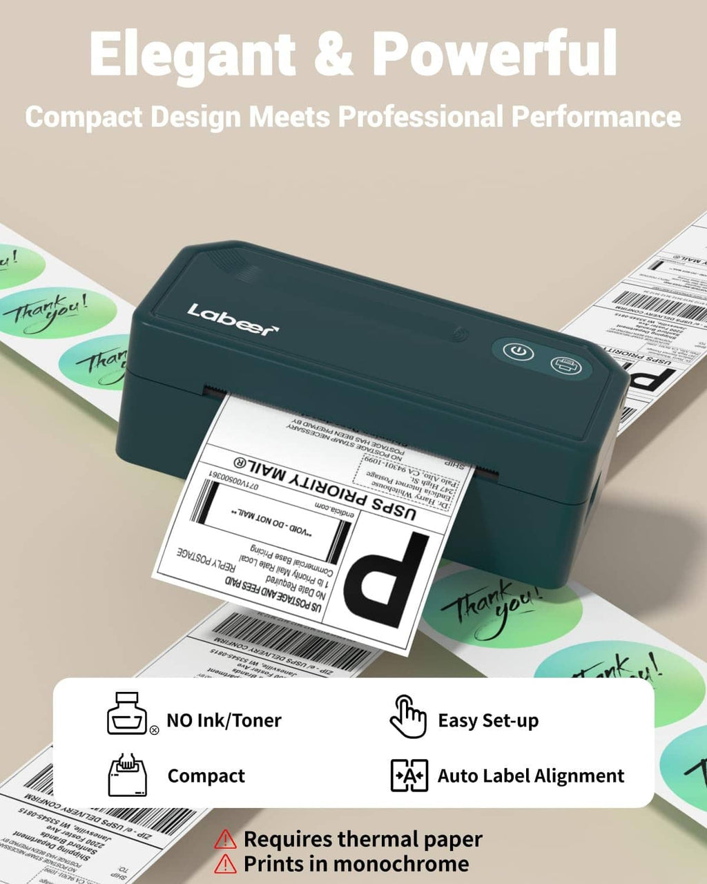 Green thermal shipping label printer with icons for no toner and easy setup