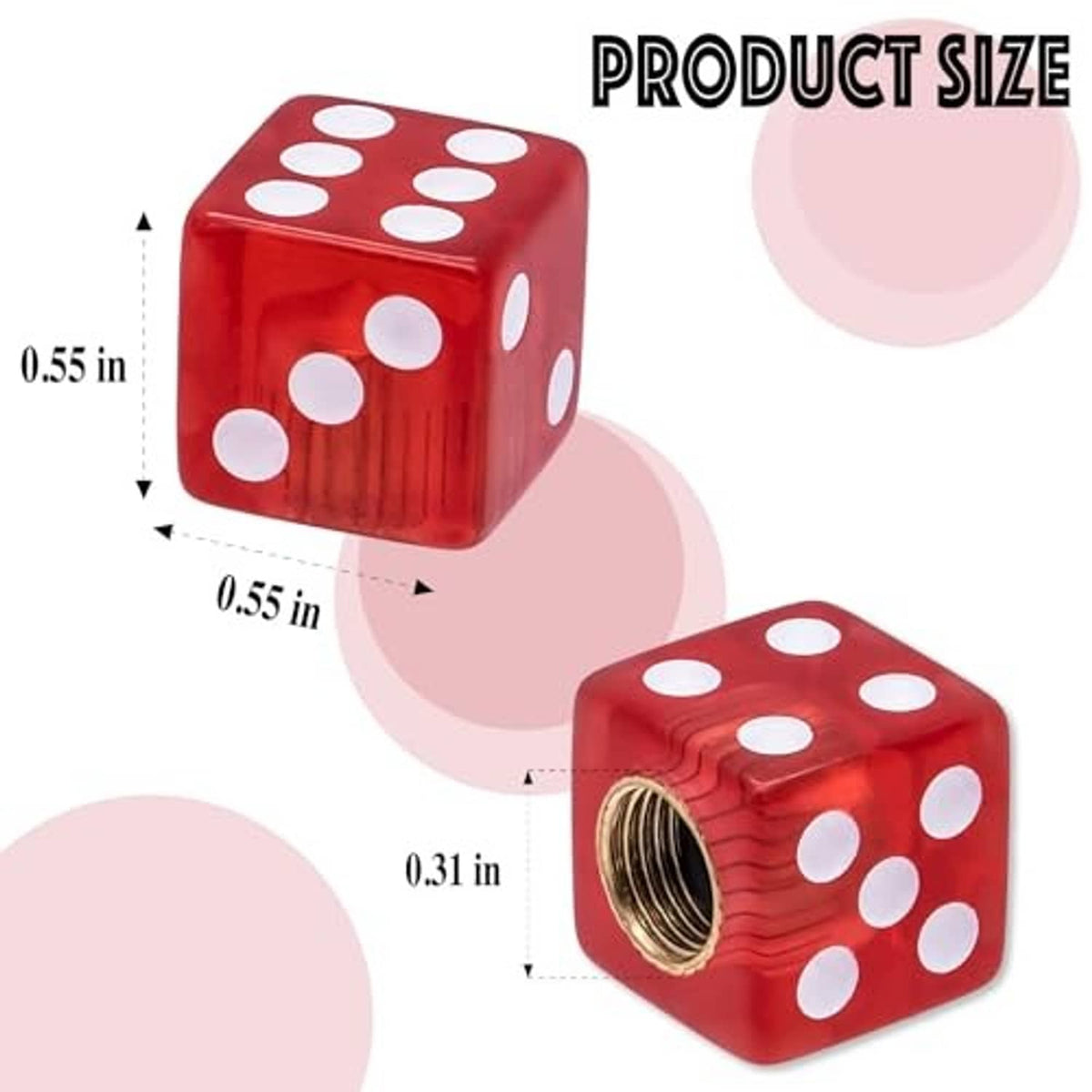 Red dice-shaped tire valve stem caps with white dot pattern, acrylic with copper core