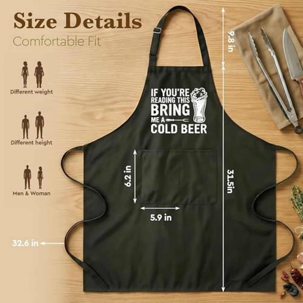 Black apron laid flat with beer mug text graphic and size measurements; long waist straps