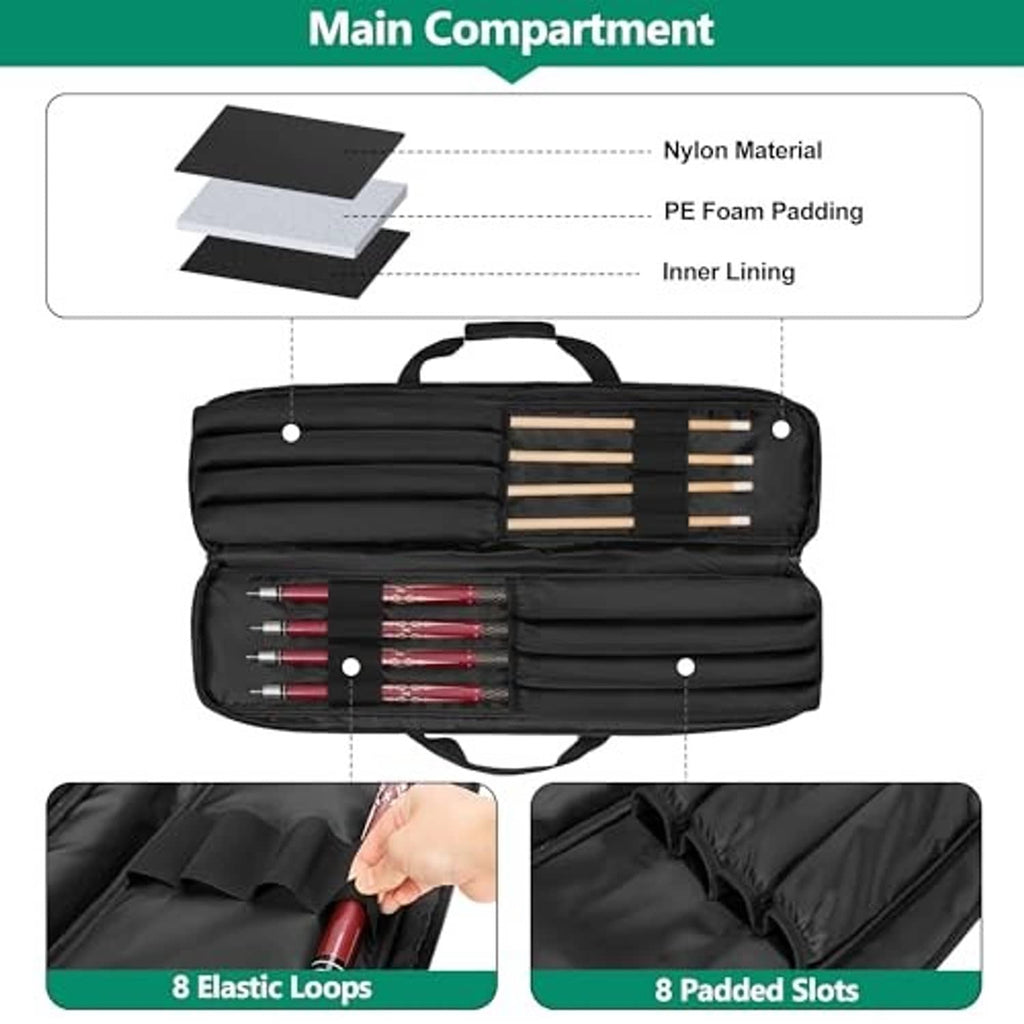 Black cue case backpack interior with padded divider rows and foam protection