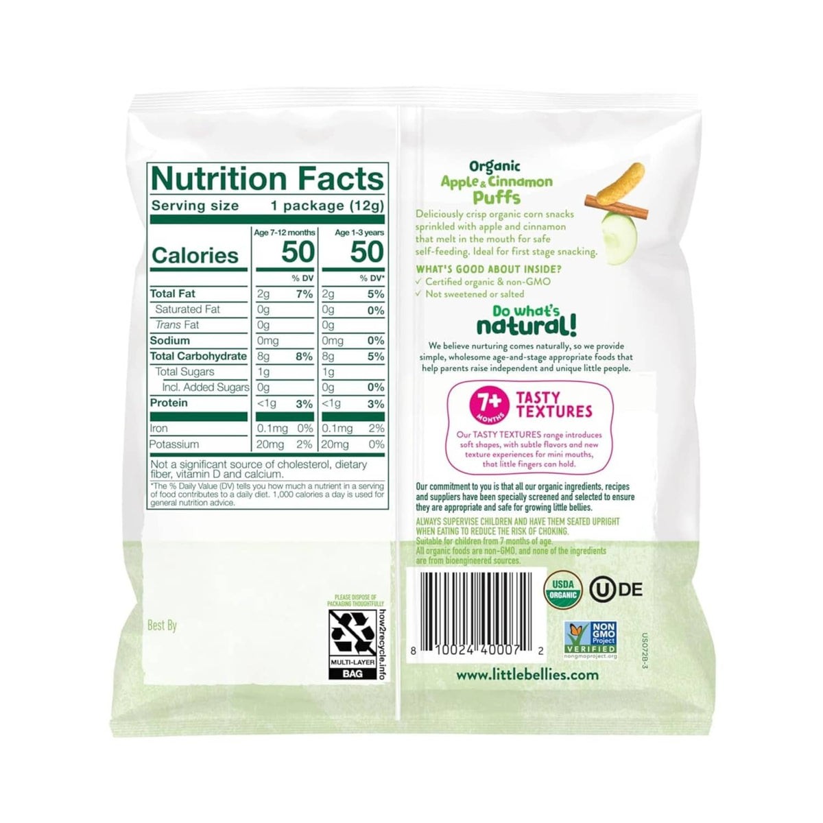 Little Bellies organic apple cinnamon puffs nutrition facts panel on pouch back