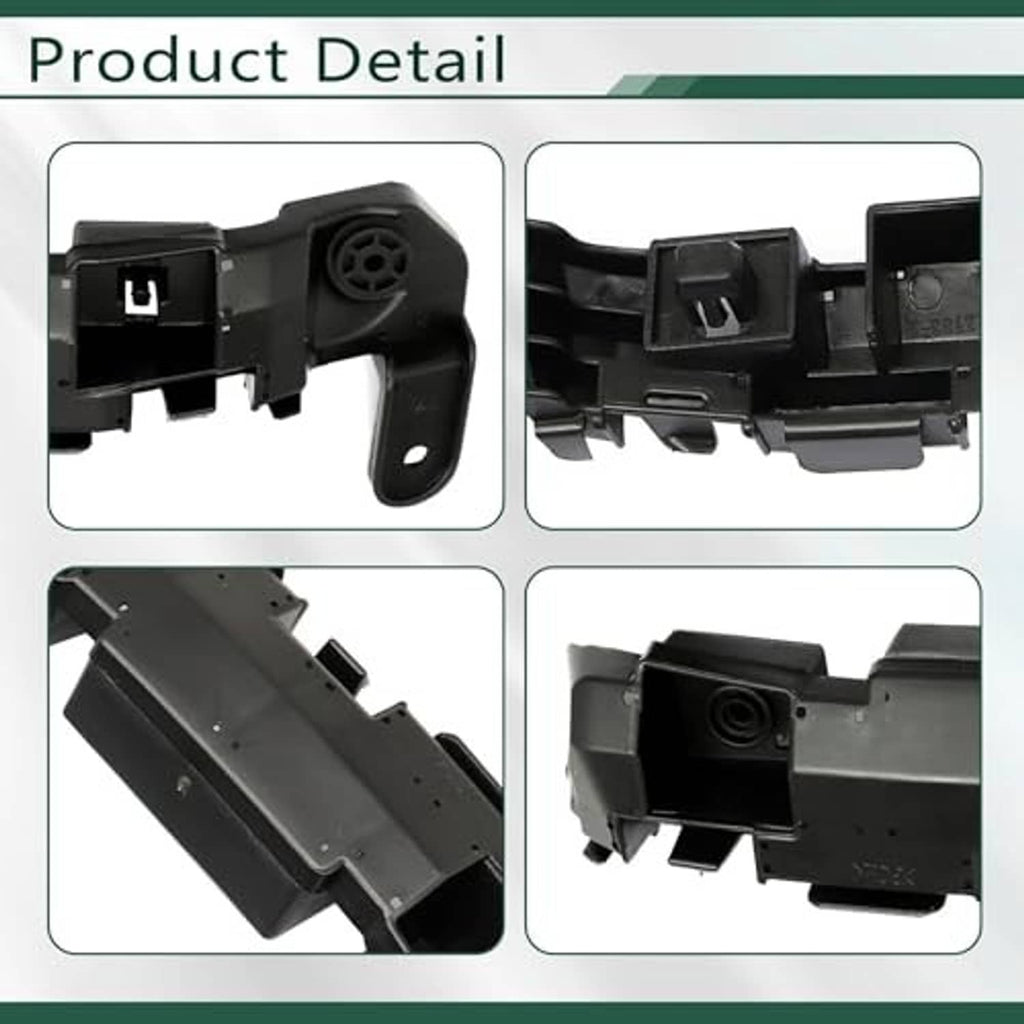 Black bumper retainer bracket detail with corner pins, tabs, and circular openings