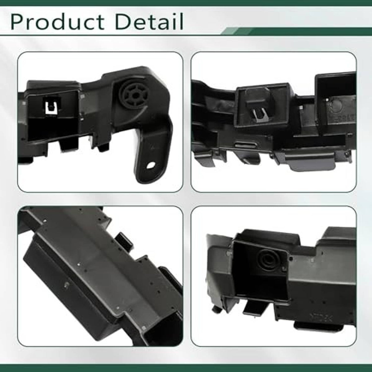 Black bumper retainer bracket detail with corner pins, tabs, and circular openings