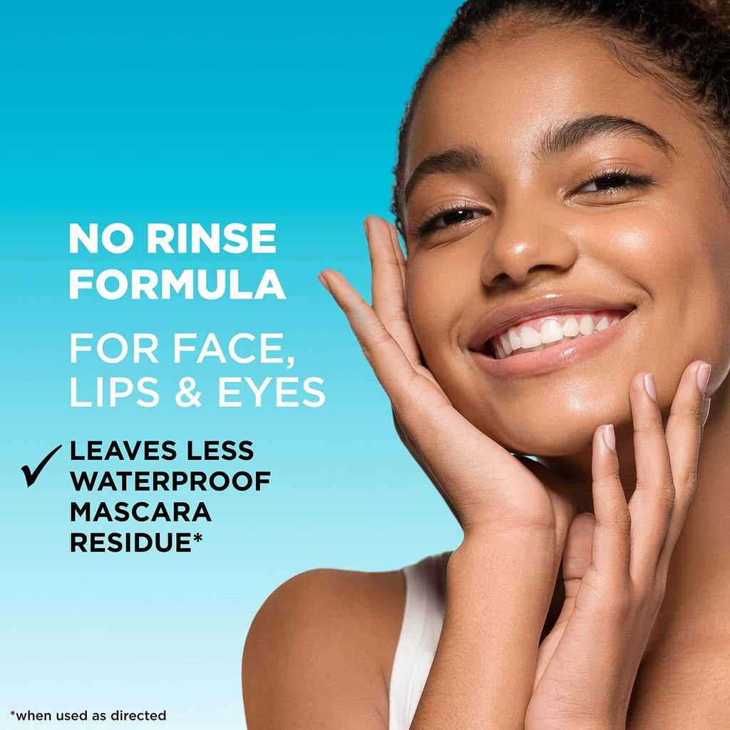 Person applying micellar cleansing water to face, lips, and eyes; no-rinse waterproof formula.
