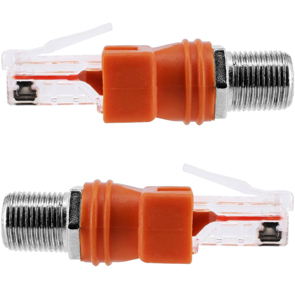 RF to RJ45 adapter with clear RJ45 male jack and silver metal threaded RF end