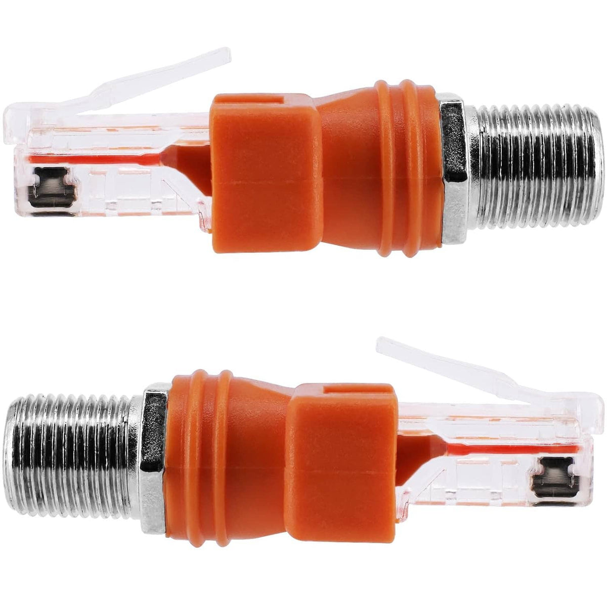 RF to RJ45 adapter with clear RJ45 male jack and silver metal threaded RF end