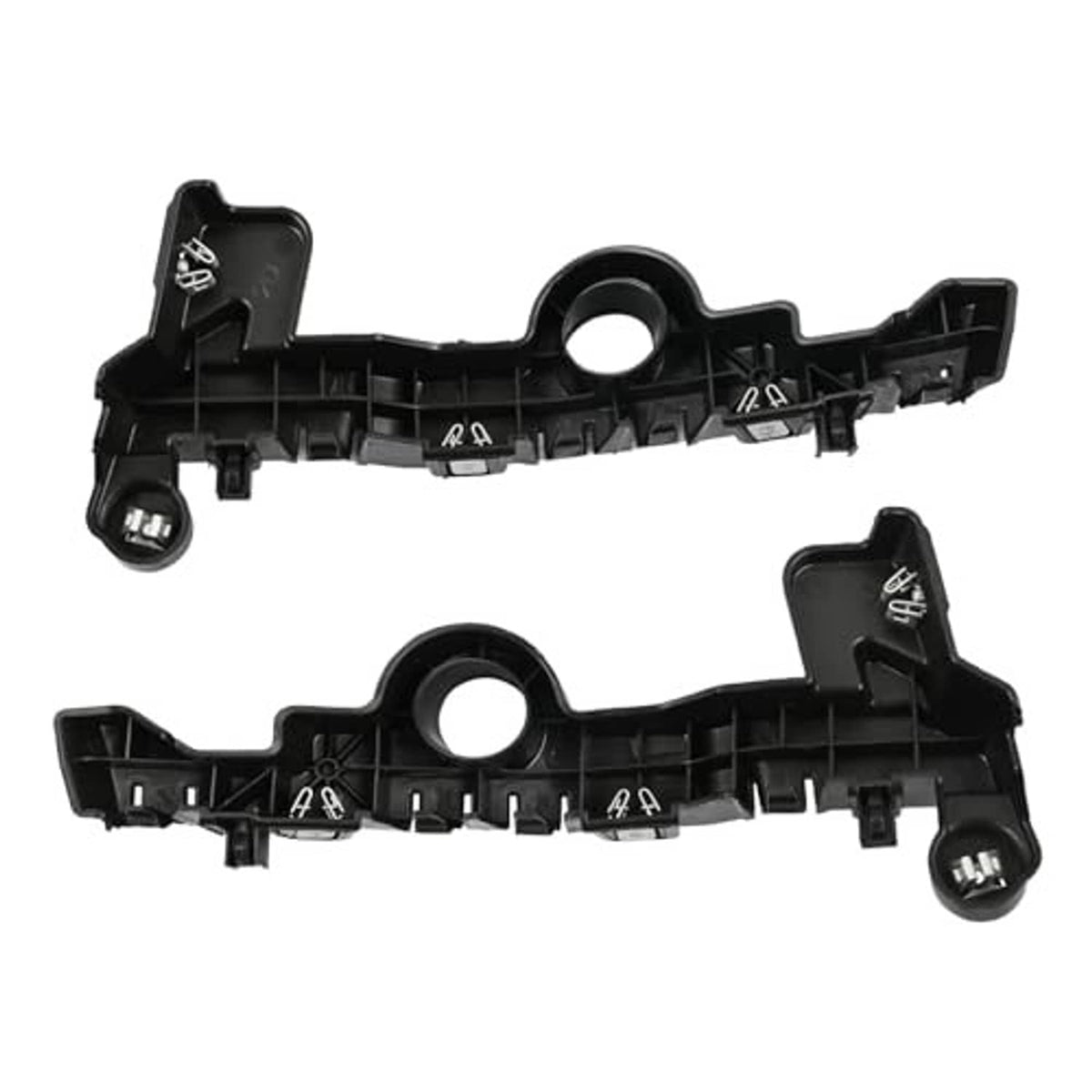 Black bumper guide bracket pair with molded channels and stud mounting points