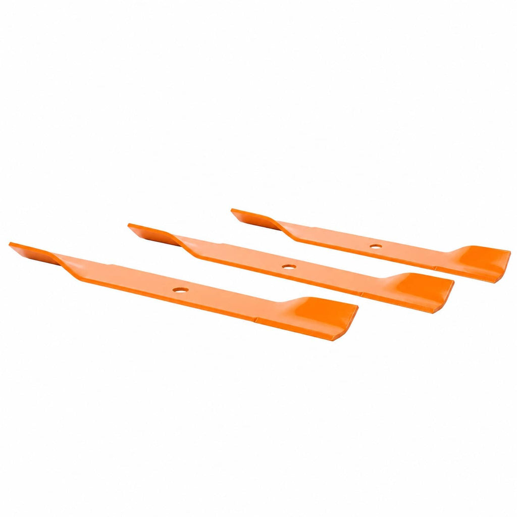 Multiple orange mower blades laid out on white, slim shape with mounting holes