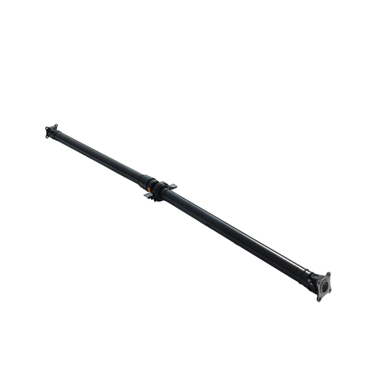 Rear driveshaft prop shaft, black shaft with center joint and two end mounting points.