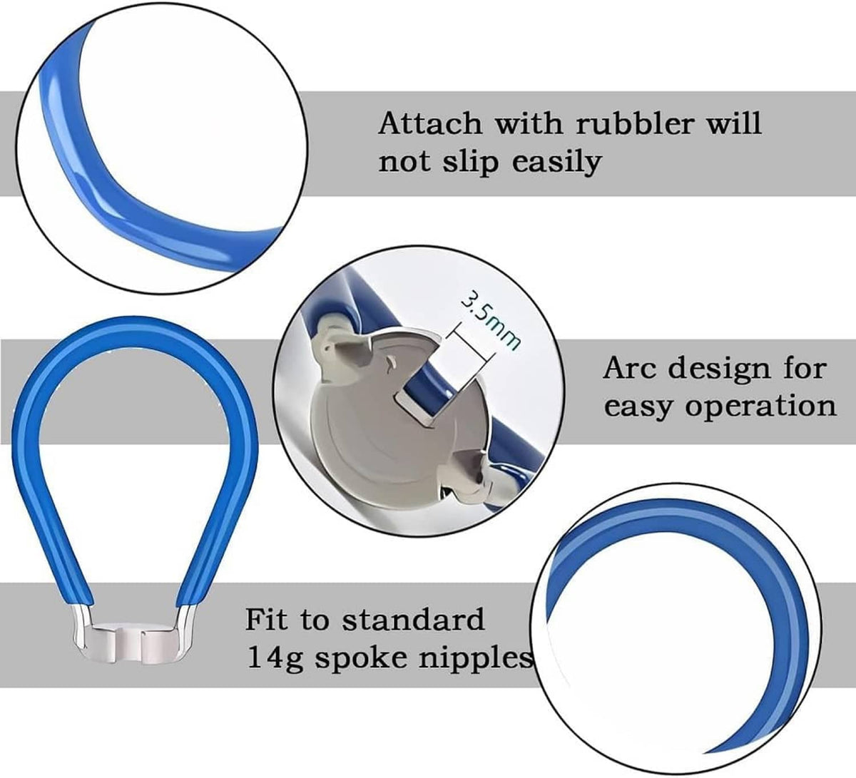 Bicycle spoke wrench with blue rubber ring grip and silver adjustment head