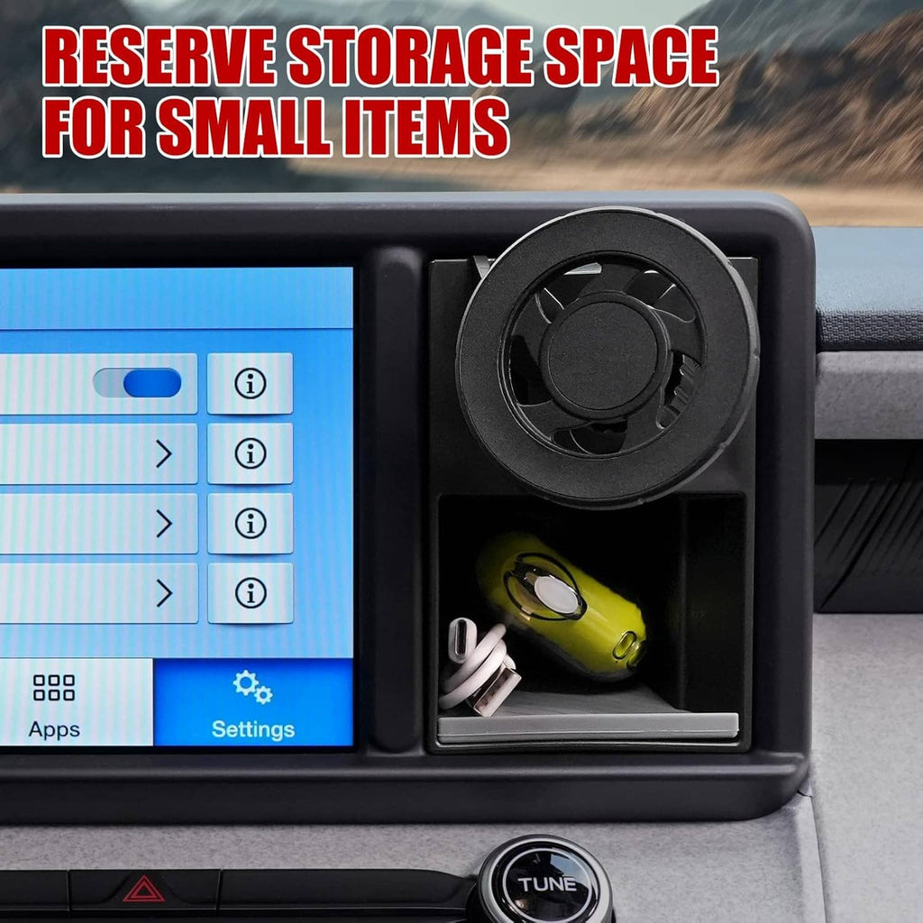 Magnetic phone holder cubby insert with open cubby storing small items and phone mount