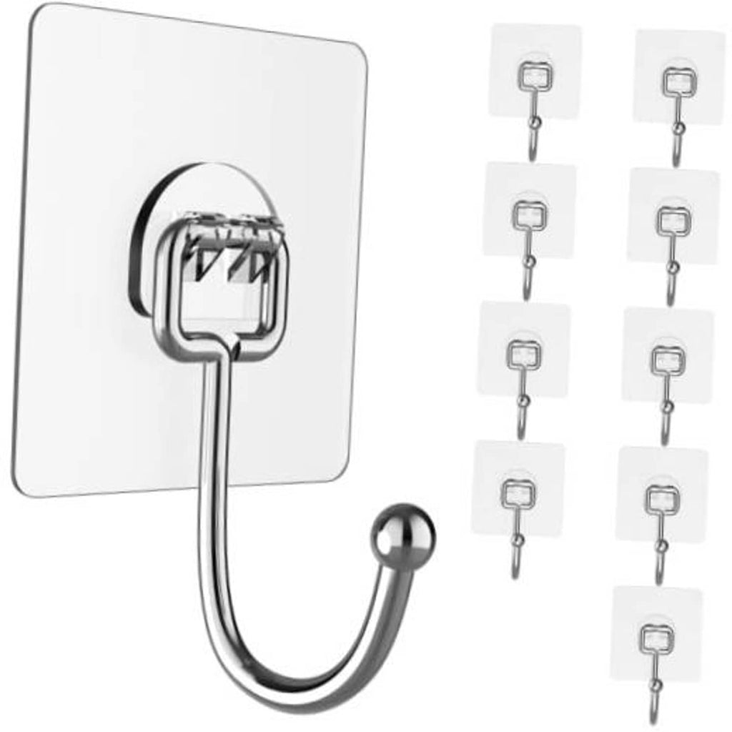 Wall hanging hook set with large curved stainless steel hook and square mounting base, 10-pack view