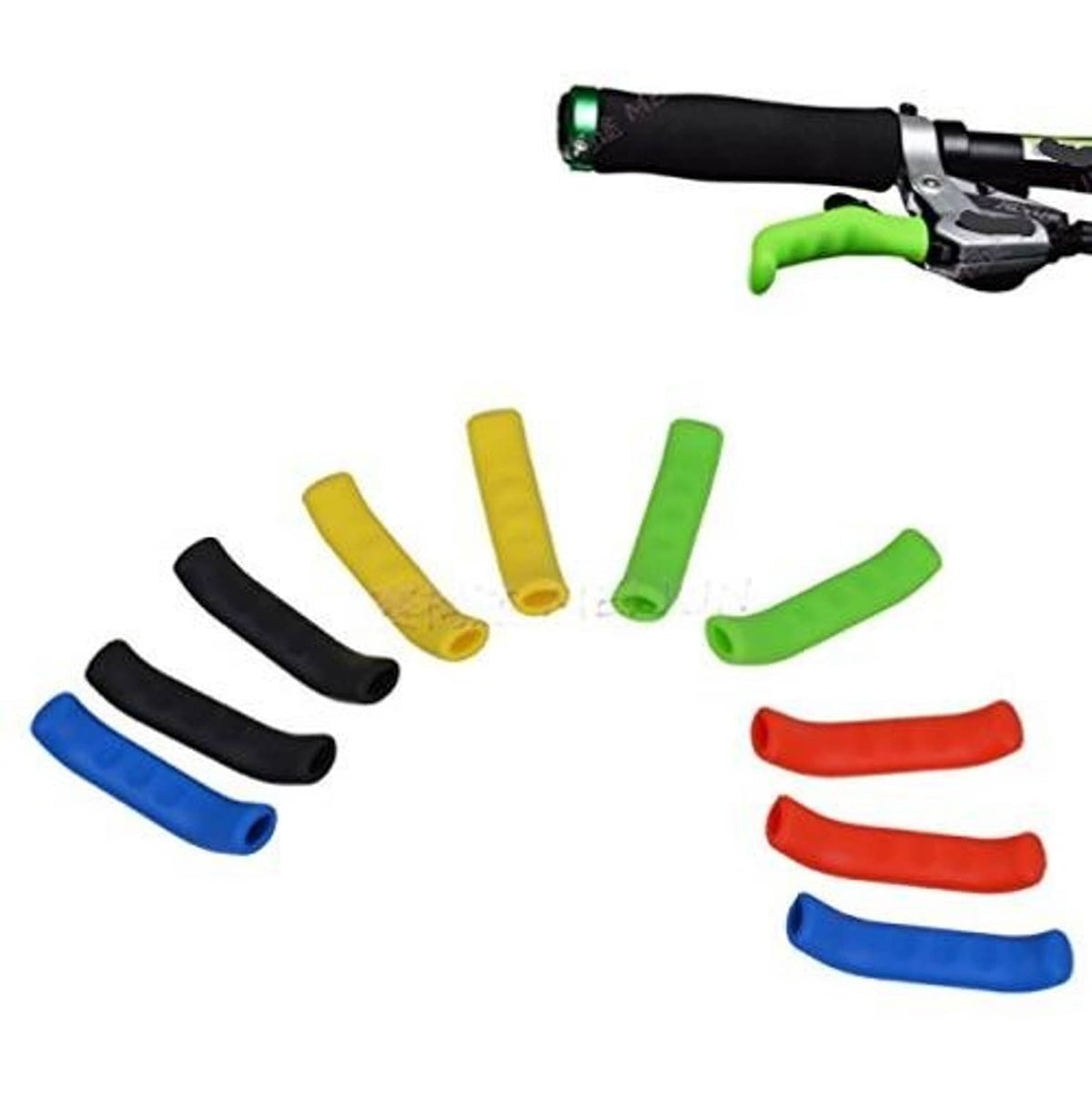 Assorted silicone brake lever sleeves, anti-slip grips in blue, red, green, yellow, and black.
