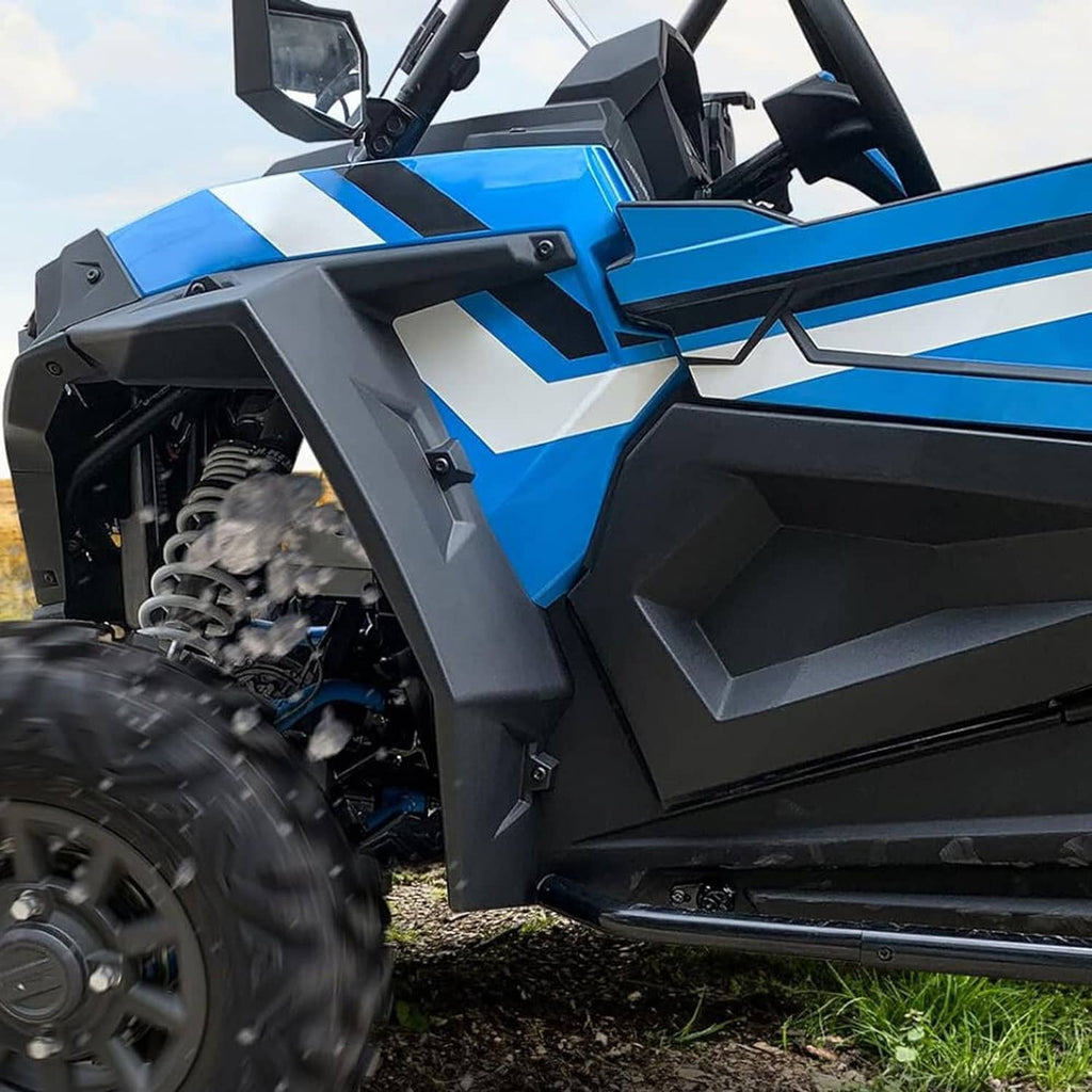 Front extended fender flare installation on a blue off-road UTV, matte black