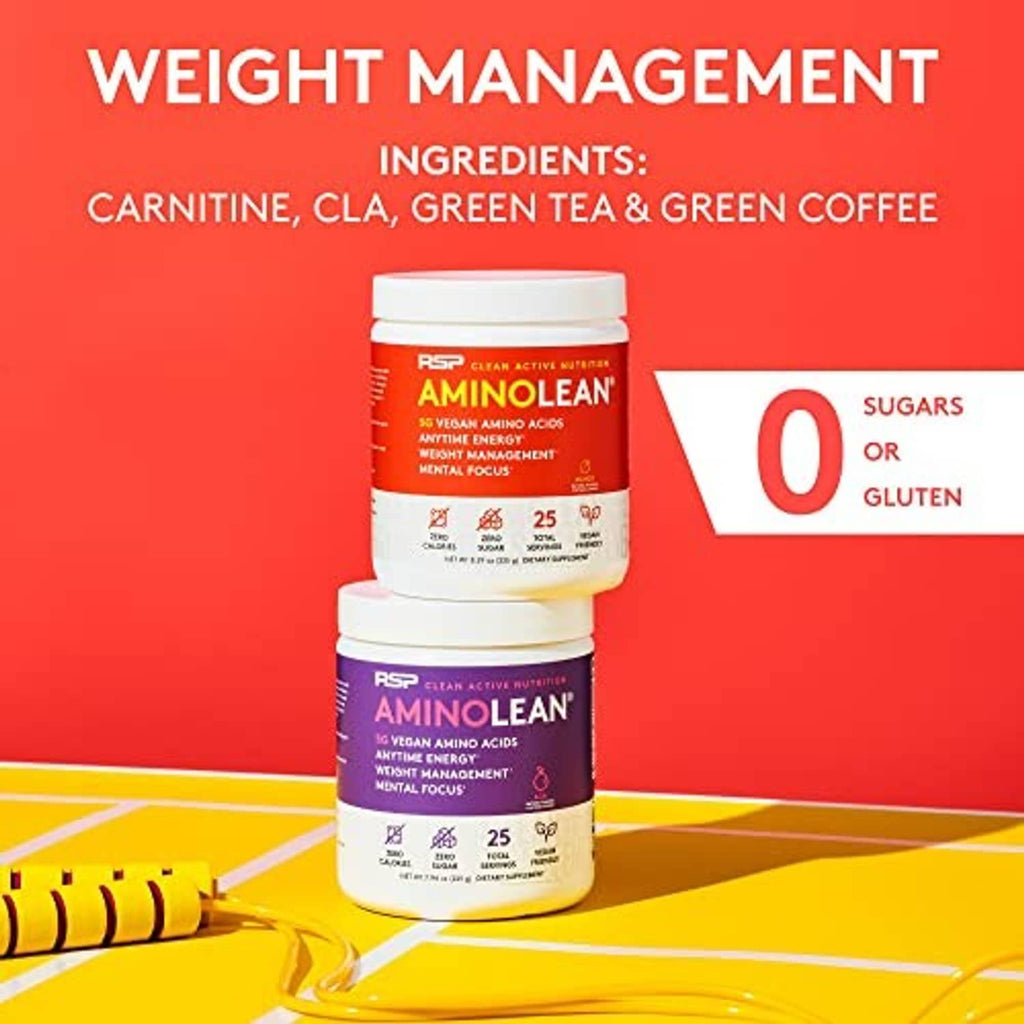 AminoLean weight management powder jar with red ingredients panel and '0 sugars' icon